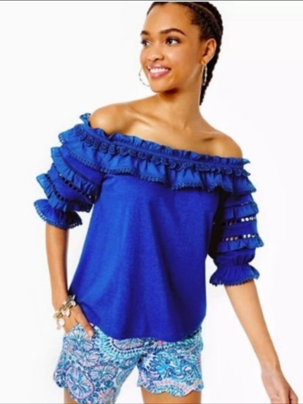 Lilly Pulitzer Brentwood Off-Shoulder Top Eyelet Ruffle Blue Grotto Size Medium